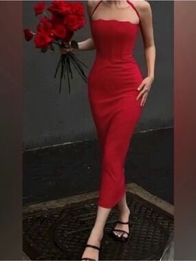 Red Halter Bodycon Midi Dress - Elegant Women's Evening Dress